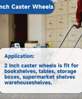 Person moving a cart with 24 Pack 2 Inch Swivel Caster Wheels With Top Plate And Double Bearing Heavy Duty Steel And Polyurethane 25kg Per Wheel in an office.