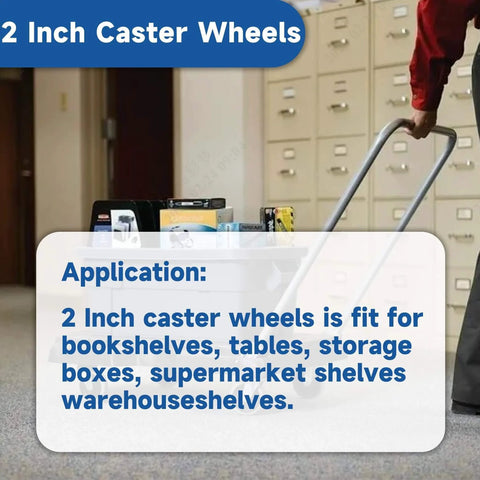 Person moving a cart with 24 Pack 2 Inch Swivel Caster Wheels With Top Plate And Double Bearing Heavy Duty Steel And Polyurethane 25kg Per Wheel in an office.
