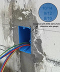 Adjustable 1-Gang Electrical Outlet Box Pack 21 Cubic Inches Each ETL Listed 12 Count Fits 10 14 AWG 9 12 AWG and 8 10 AWG Wire Durable Metal Easy Cutouts and Fast Install. Blue 1-gang adjustable plastic outlet box in wall opening with wired conduit