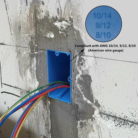 Adjustable 1-Gang Electrical Outlet Box Pack 21 Cubic Inches Each ETL Listed 12 Count Fits 10 14 AWG 9 12 AWG and 8 10 AWG Wire Durable Metal Easy Cutouts and Fast Install. Blue 1-gang adjustable plastic outlet box in wall opening with wired conduit