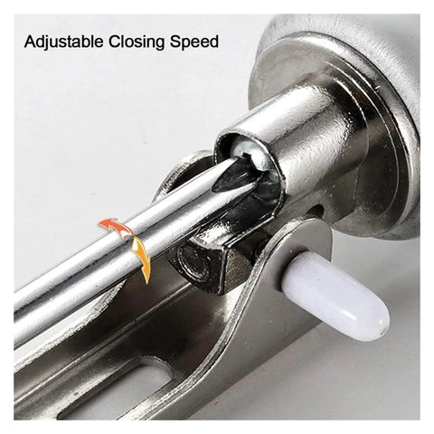 Close-up of the adjustment mechanism of Gas Spring Automatic Door Closer With 90 Degree Stop, Quiet Soft Closing, Aluminum Alloy