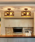 Kitchen view of Three Light Farmhouse Ceiling Light with Rustic Black and Wood Grain Finish, Modern Drum Semi Flush Mount