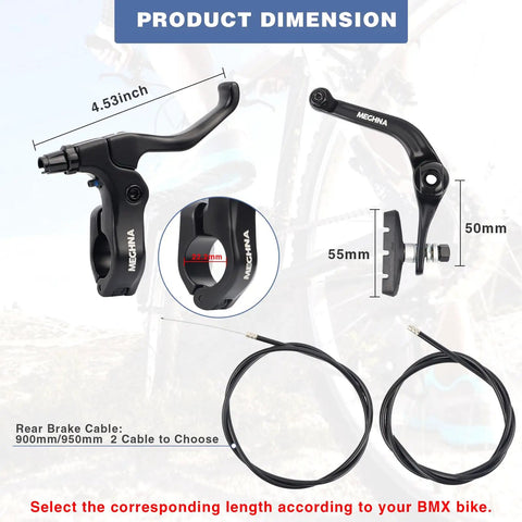 Rear U Brake Kit for BMX Bikes, lever and brake dimensions, with two cables shown for size reference, durable universal rim brake.