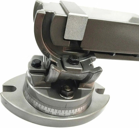 Heavy Duty Swivel Milling Vise With Smooth Angle Tilt Setup And Beefy Two Inch Jaw Precision Clamp close-up of rotating base and tilt mechanism.