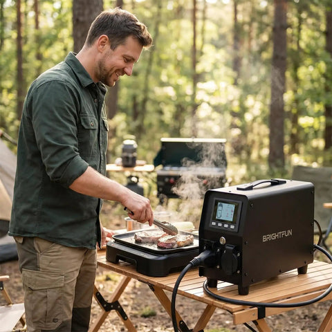 Man using Plug And Play 3KW V2L Power Adapter Gun For Tesla Model 3 Y S X With Clear Lcd Display while grilling outdoors.