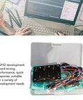 Premium ESP32 Development Board Kit Engineered For Python IoT Programming: components in clear box, wires, battery holder.