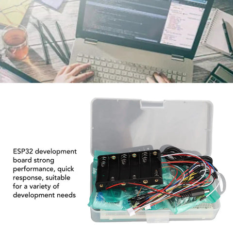 Premium ESP32 Development Board Kit Engineered For Python IoT Programming: components in clear box, wires, battery holder.