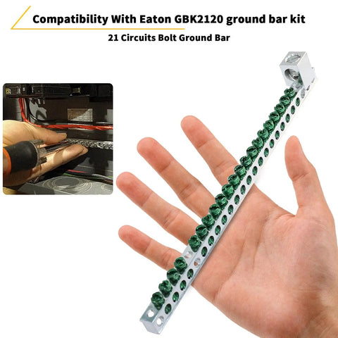 Ground Bar Kit For Eaton Electrical Panel GBK2120 Fits BR And CH Series Load Centers shown over hand, 21 circuits bolt ground bar.