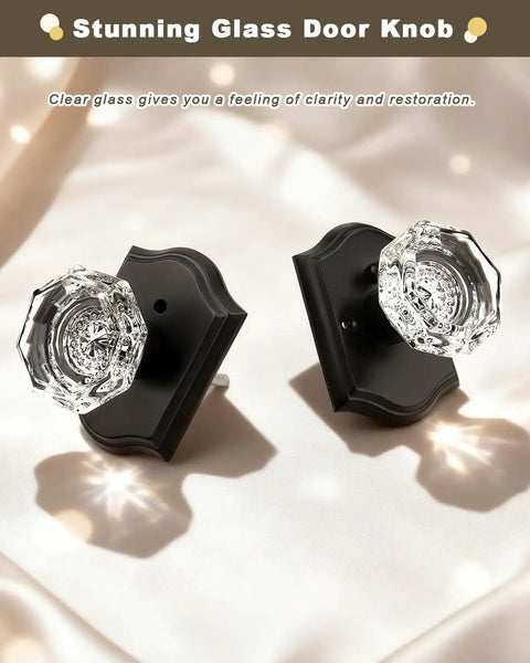 Vintage Octagon Crystal Glass Door Knobs 2 Pack Interior Privacy Lockset for Bedroom and Bath with Matte Black Arched Rosettes