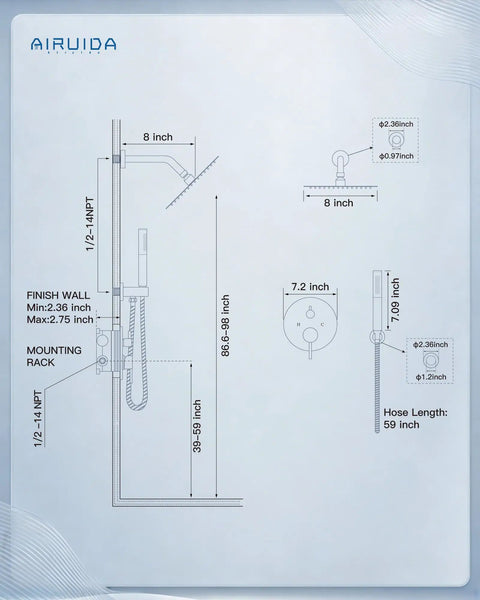 Heavy Duty Brushed Gold Shower Faucet Set Featuring Eight Inch Overhead Rainfall Head with dimensions for installation guidance.