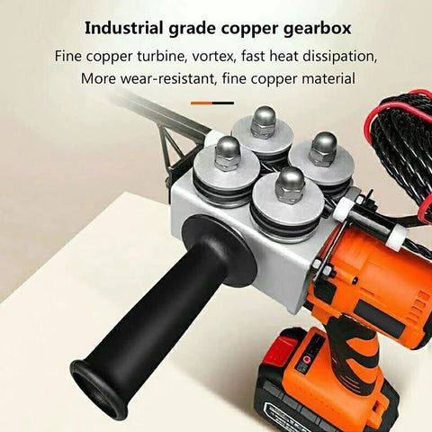 Professional Grade Cordless Electric Wire Threader With 800W Brushless Motor And Non Slip Rubberized Grip Designed For Straight Up Pro Job Sites featuring copper gearbox and ergonomic grip.
