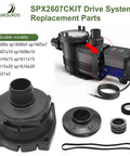 Drivetrain Upgrade Kit for 1-HP Pool Pumps SPX2607CKIT Replacement displayed with parts and compatible pump models.