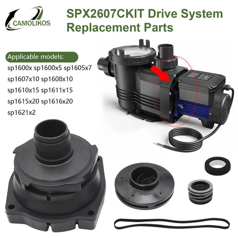 Drivetrain Upgrade Kit for 1-HP Pool Pumps SPX2607CKIT Replacement displayed with parts and compatible pump models.