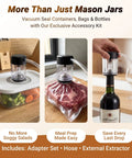 Mason Jar Vacuum Sealer Kit, 20s Fast Seal, No-Fuss All-In-One Design used to vacuum seal container, meat bag, and wine bottle.