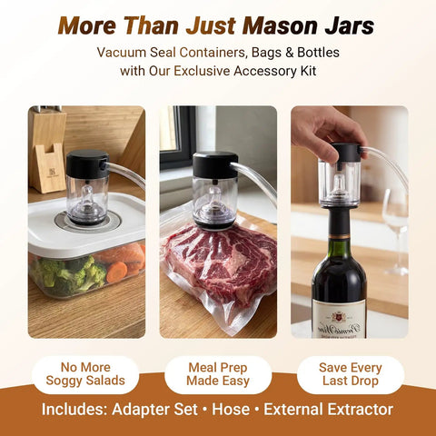 Mason Jar Vacuum Sealer Kit, 20s Fast Seal, No-Fuss All-In-One Design used to vacuum seal container, meat bag, and wine bottle.