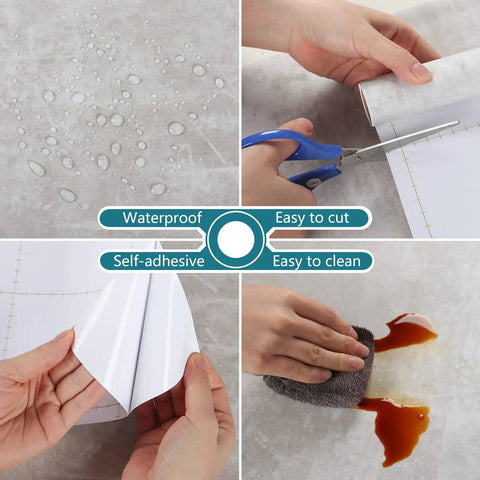Concrete Wallpaper Peel And Stick With Limewash Texture For Walls Dope Cement Look Waterproof Removable Self Adhesive Contact Paper For Bedrooms Bathrooms And Countertops 15.7 By 118 Inches Roll showing waterproof, easy-cut, self-adhesive, and easy-clean features