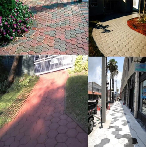 Four examples of Two Pack Concrete Slab Moulds For DIY Path Building Irregular Stone Look Pavement Bricks 30x30 Cm Black Garden Patio Walkway Mould Set Easy To Use Dope Stone Look used for garden paths and walkways.