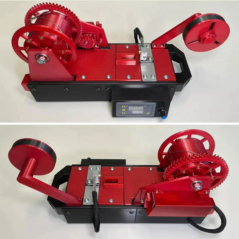 Desktop 3D Printer Filament Extruder Turns Empty Soda Bottles Into Legit 1.75 Mm Printing Wire No Sweat With Digital Temp Gauge viewed from two angles showing gear details.