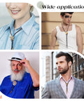 People wearing 3 Sets Iron Bolo Tie Findings Kit With Sterling Silver Plated End Caps Textured Round Slides Black Cord