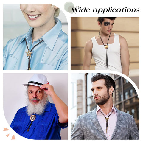 People wearing 3 Sets Iron Bolo Tie Findings Kit With Sterling Silver Plated End Caps Textured Round Slides Black Cord