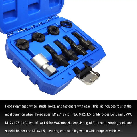 8Pcs Wheel Stud Thread Restorer Kit M12 And M14 Size Set For Mercedes Benz BMW Volvo VW Group Cars in blue case