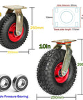Built Different Heavy Duty Swivel Trolley Casters With Steel Plates And Flat Free Rubber Wheels 900 Lb Load Rating Locking Brakes close-up of 10in rubber wheel with metal plate.
