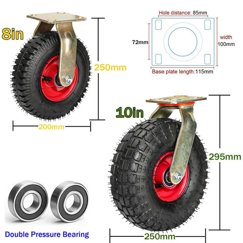 Built Different Heavy Duty Swivel Trolley Casters With Steel Plates And Flat Free Rubber Wheels 900 Lb Load Rating Locking Brakes close-up of 10in rubber wheel with metal plate.