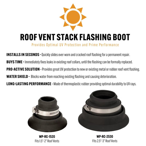 2 Pack Roof Collar Repair Boots For 1.5 To 2 Inch Vent Pipes With Silicone Sealant Included DIY Friendly Flexible Thermoplastic Rubber Roof Vent Flashing Collar Quick Leak Fix For Existing Roof Boots USA Made, showcasing two roof vent stack flashing boots, one for 1.5"-2" pipes and one for 2.5"-3" pipes.