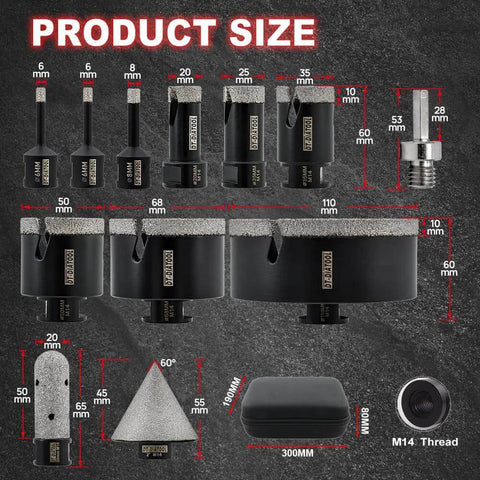 DT-DIATOOL tile hole saw kit with diamond drill bits 6–100 mm and 4/5 inch finger bit, beveling chamfer bit, SDS adapter