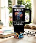 Insulated Tumbler 40 Oz For Engineers, Dope Engineer Gift with brain-gears design on table next to books and glasses.