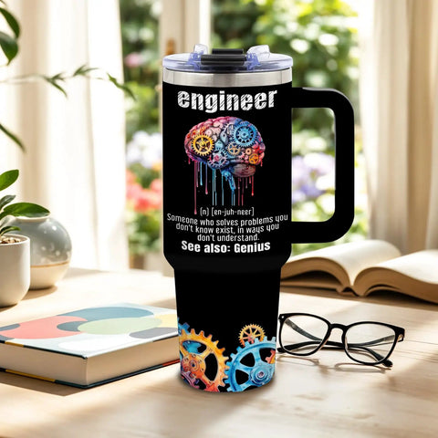 Insulated Tumbler 40 Oz For Engineers, Dope Engineer Gift with brain-gears design on table next to books and glasses.