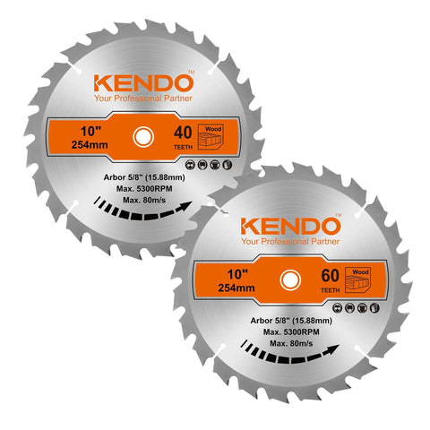 Front view of Two Pack Ten Inch Carbide Tipped Circular Saw Blades With 40T And 60T Teeth And Five Eighth Inch Arbor For Plywood Laminate Ripping And Finishing Cuts On Miter And Table Saws Pro Grade