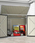 6 X 3 Ft Horizontal Metal Shed With Double Lockable Doors open, containing lawnmower and charcoal bags, easy lift hinges, sloping roof