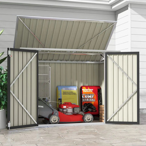 6 X 3 Ft Horizontal Metal Shed With Double Lockable Doors open, containing lawnmower and charcoal bags, easy lift hinges, sloping roof