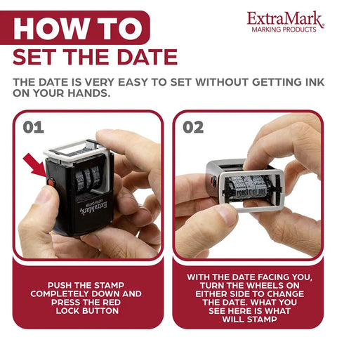 How to set the date on Durable Heavy Duty Self Inking Date Stamp featuring quick flip calendar bands for easy use.
