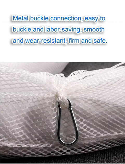 Close-up of metal buckle connection on Rugged Workhorse Oil Only Absorbent Booms Five Pack Reusable Polypropylene Cleanup Fences.