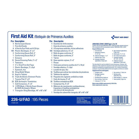First Aid Kit 226-U/FAO with 195 pieces, color-coded unitized boxes, First Aid Only brand
