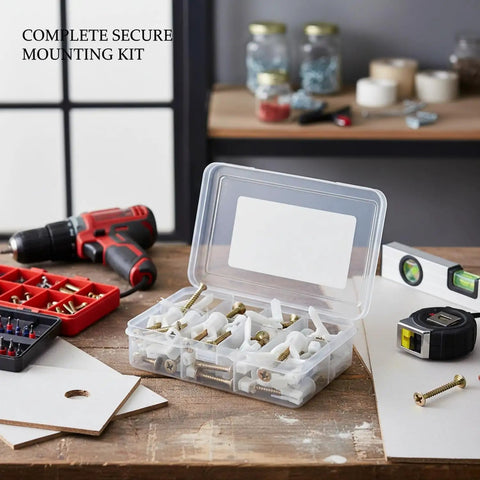 Open box showing 50 Pack M8 Drywall Anchors With Zinc Plated Screws For Hollow Walls Heavy Duty Anchor Kit That Holds Tight on Gypsum Board