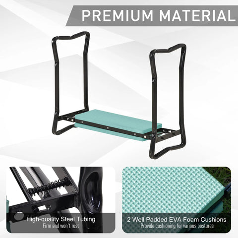 Thick Padded Garden Kneeler And Seat Bench For Easy Weeding Foldable Garden Stool displaying steel frame and green pad.