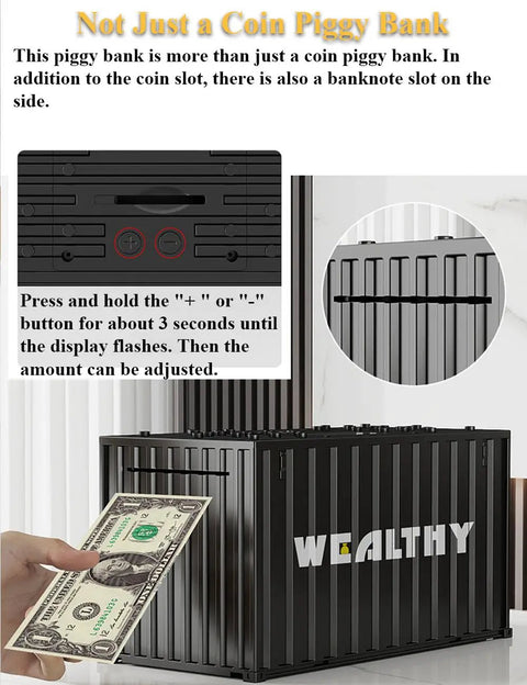 Smart Container Coin Bank Piggy Bank With LCD Display, Automatic Coin Counter And Manual Counting, Container Shaped Money Vault For Easy Saving, Black