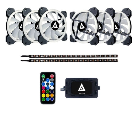 Dope Silent 120mm Dual Ring RGB LED Case Fan With Remote Control 28 Addressable LEDs Anti Vibration Rubber Pads Includes Two 12 Inch Magnetic LED Strips Color Changing Lights For PC Builds Six Plus Two Pack kit showing fans, LED strips, and remote.