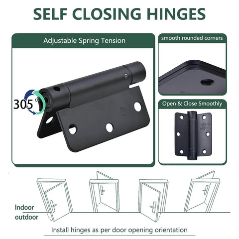 Self Closing Door Hinge Set Three And A Half Inch Matte Black Auto Close Spring Hinges For Commercial Doors Heavy Duty Tension Adjustable