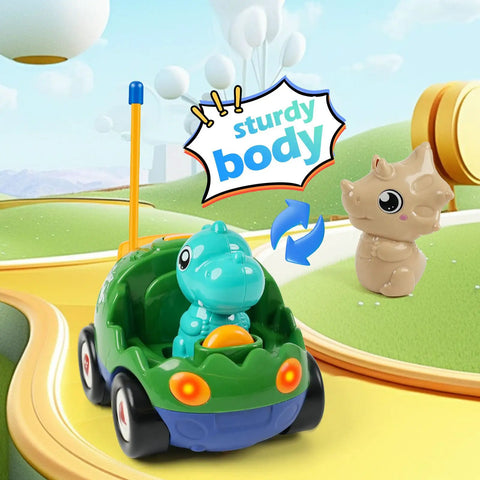 Remote Control Dinosaur Car Toy Two Pack With Lights And Music For Toddlers Boys Ages 2 To 5 on a bright track with dinosaur figure