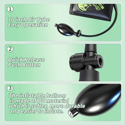 Inflatable Air Wedge Shim Kit With Three Sizes For Commercial Use, showing air tube, quick release button, and durable balloon.