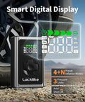 Portable Tire Inflator Air Compressor 150 PSI Cordless Pump With LED Gauge displaying digital screen next to car tire
