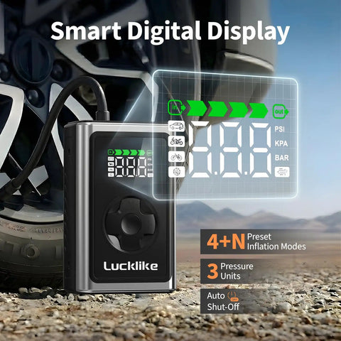 Portable Tire Inflator Air Compressor 150 PSI Cordless Pump With LED Gauge displaying digital screen next to car tire