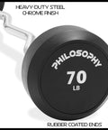 Close-up of 70 lb Rubber Fixed EZ Curl Barbell with rubber end and chrome finish