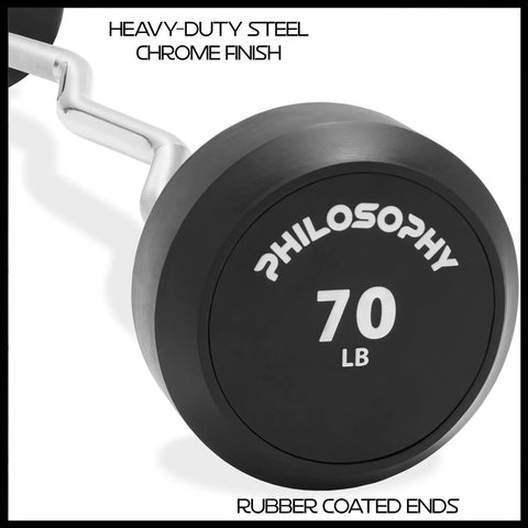 Close-up of 70 lb Rubber Fixed EZ Curl Barbell with rubber end and chrome finish