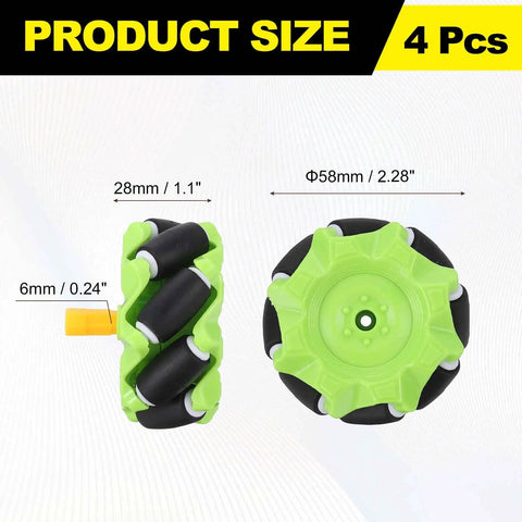 Mecanum Wheels Set For Smart Robot Cars And DIY Models, 58mm 2.28in Omnidirectional ABS Rubber Wheels with size measurements