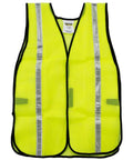 Front view of a yellow high-visibility safety vest with reflective silver stripes, black edging, displayed flat.